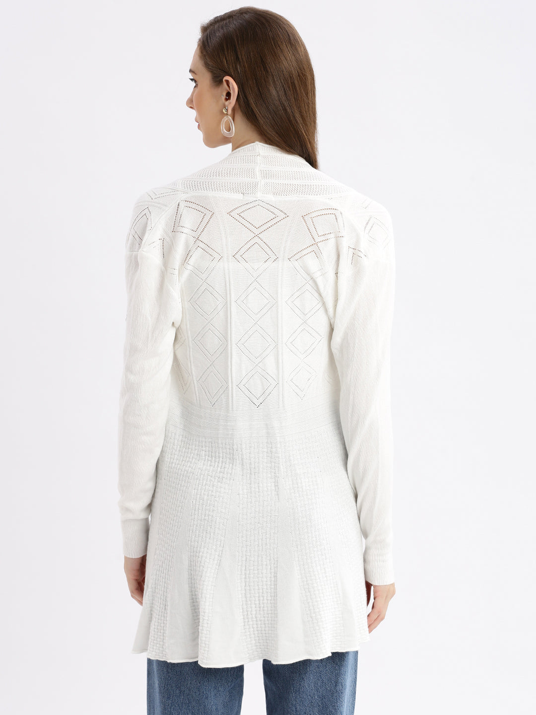 Women's White Self Design Open Front Longline Shrug