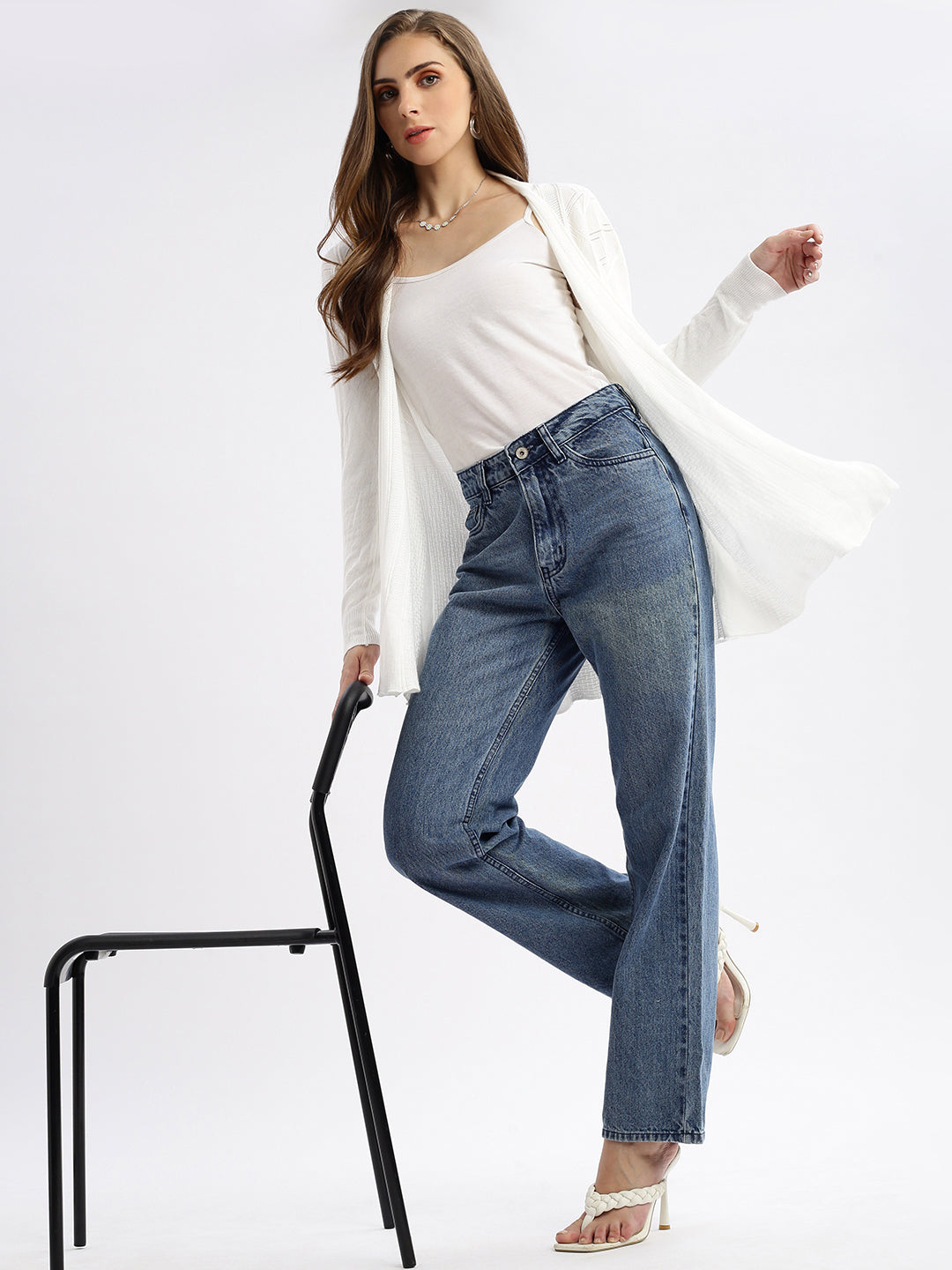 Women's White Self Design Open Front Longline Shrug