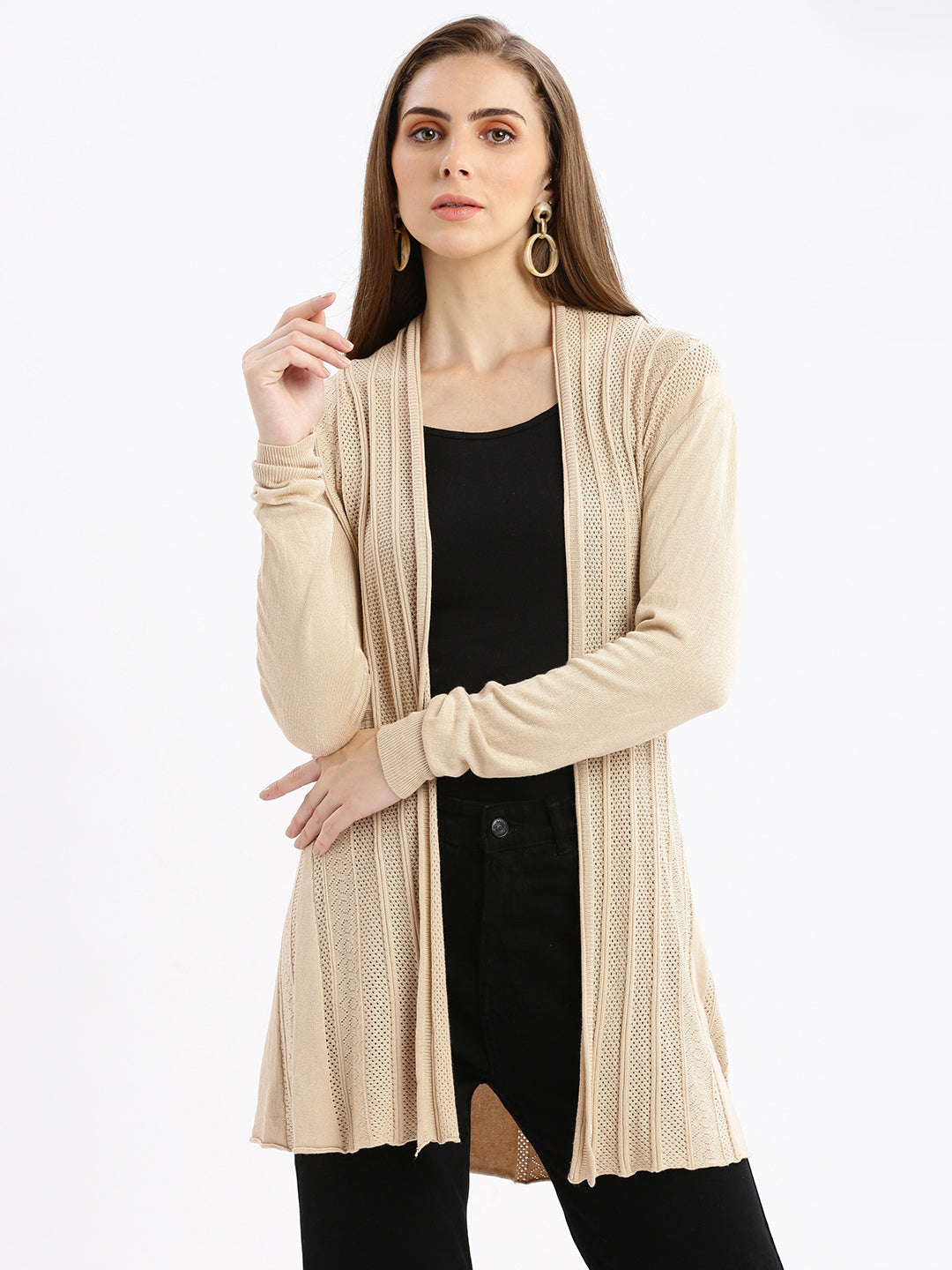 Women's Beige Self Design Open Front Longline Shrug