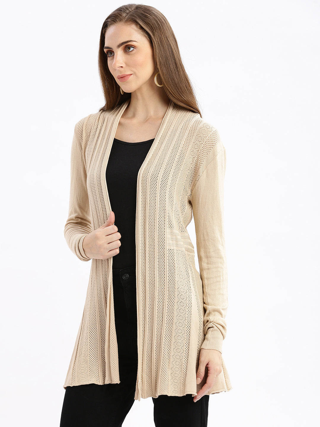 Women's Beige Self Design Open Front Longline Shrug