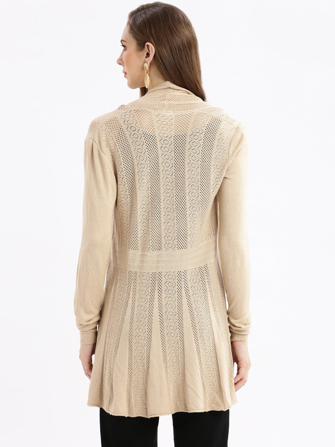 Women's Beige Self Design Open Front Longline Shrug