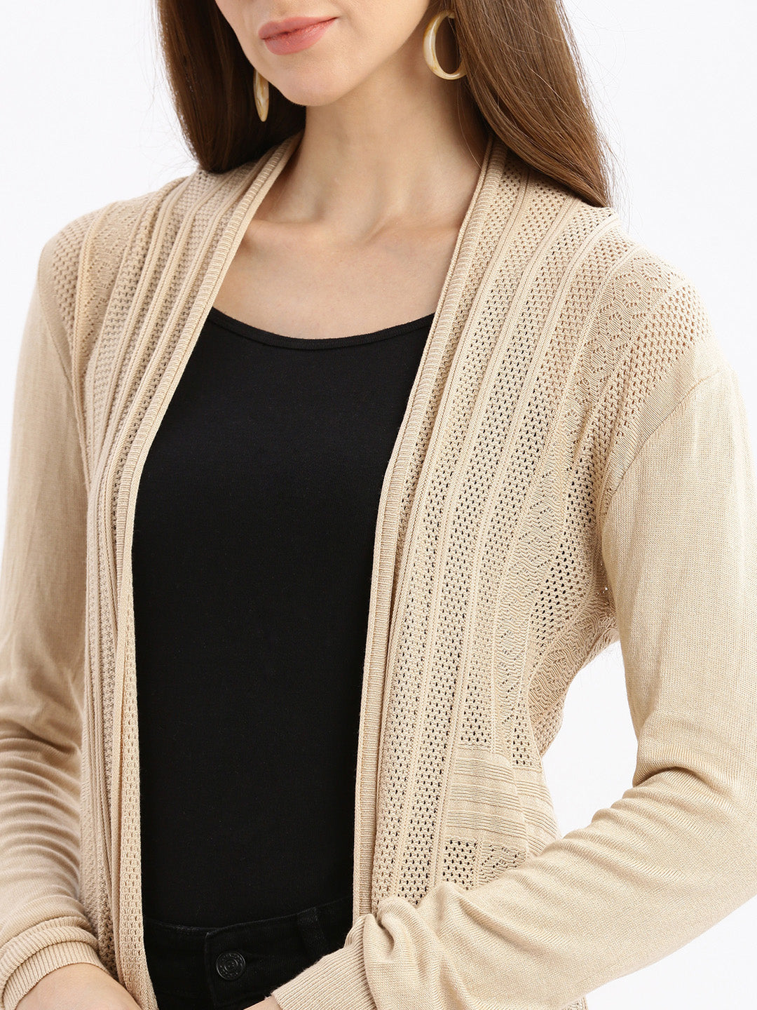 Women's Beige Self Design Open Front Longline Shrug