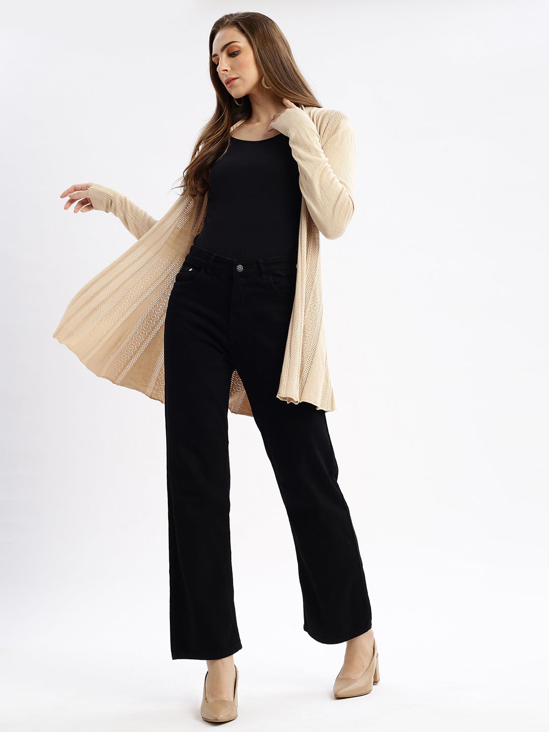 Women's Beige Self Design Open Front Longline Shrug