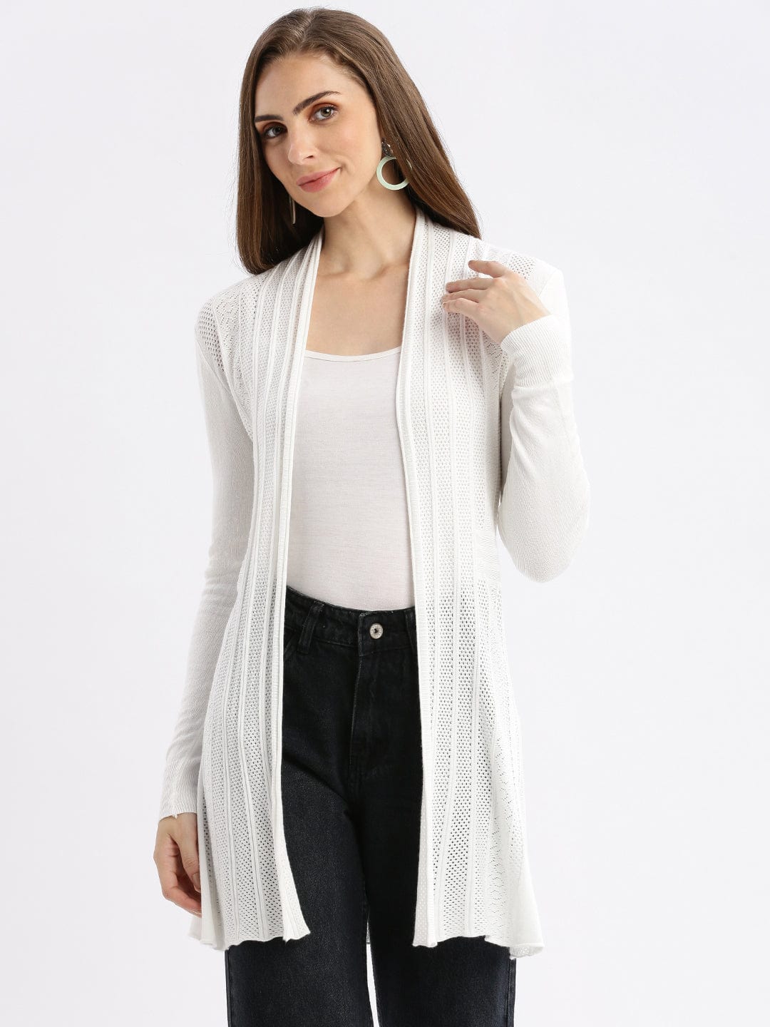 Women's White Self Design Open Front Longline Shrug