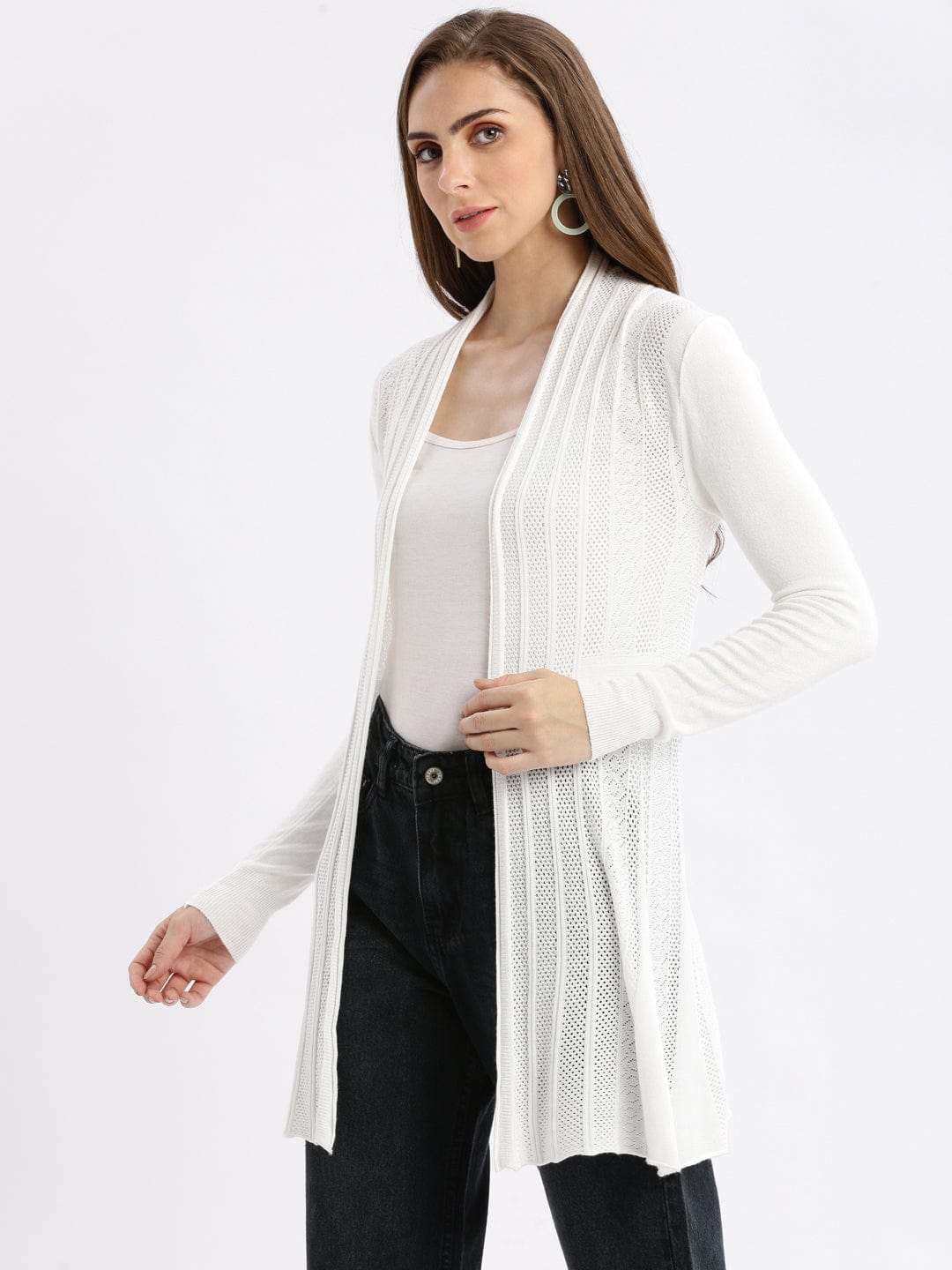 Women's White Self Design Open Front Longline Shrug