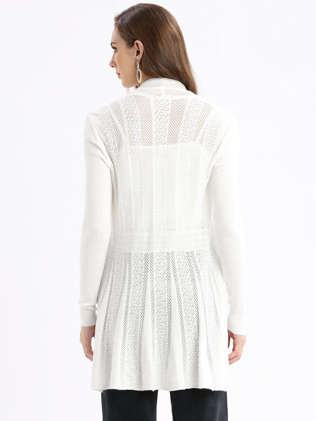 Women's White Self Design Open Front Longline Shrug
