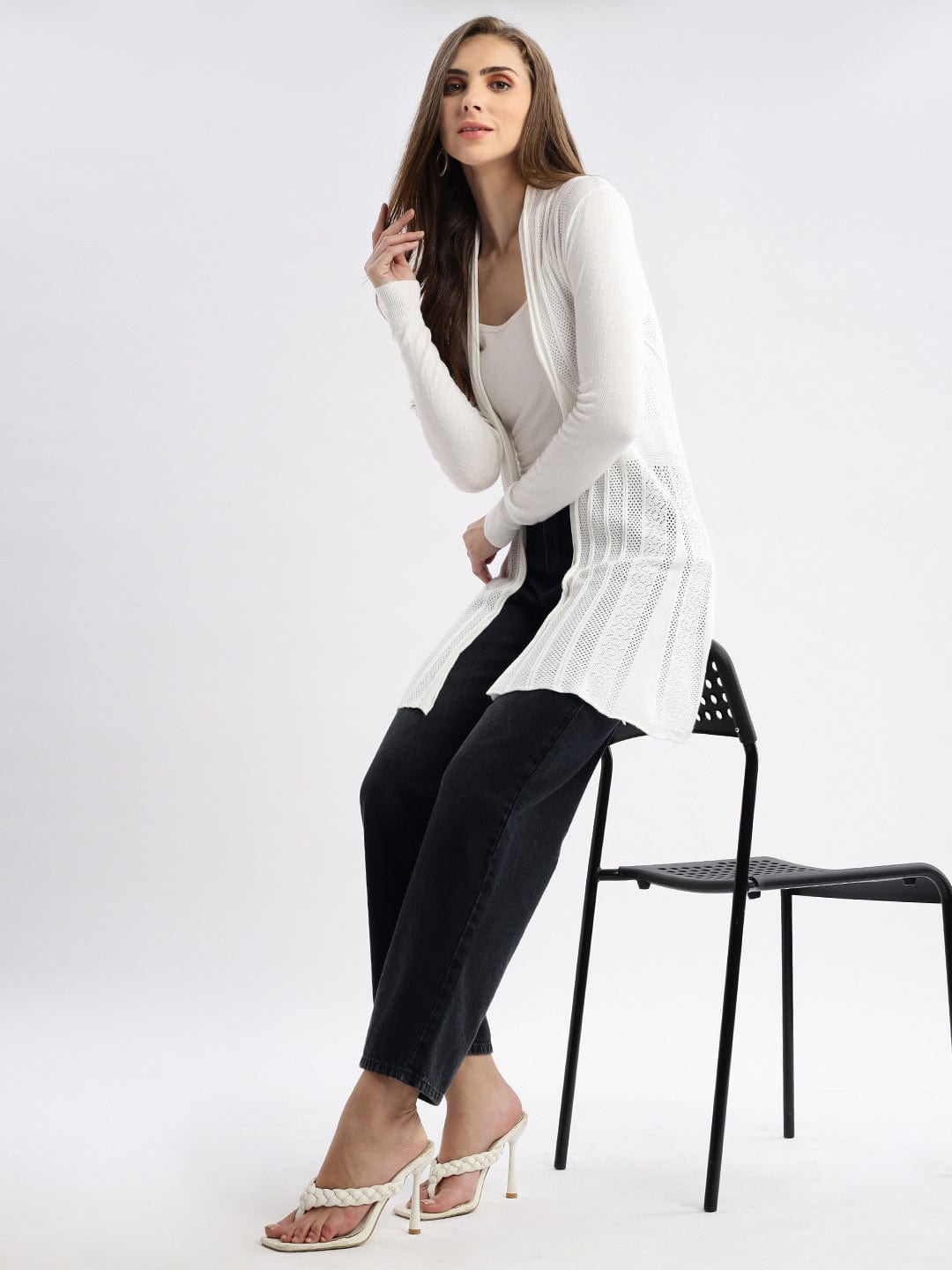 Women's White Self Design Open Front Longline Shrug