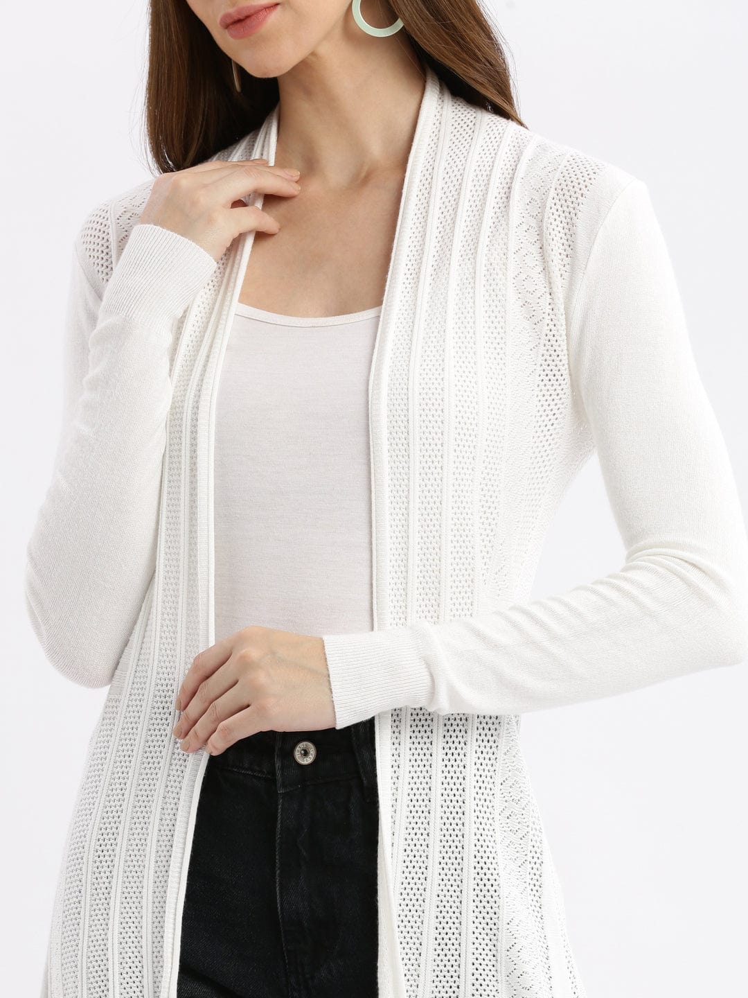 Women's White Self Design Open Front Longline Shrug