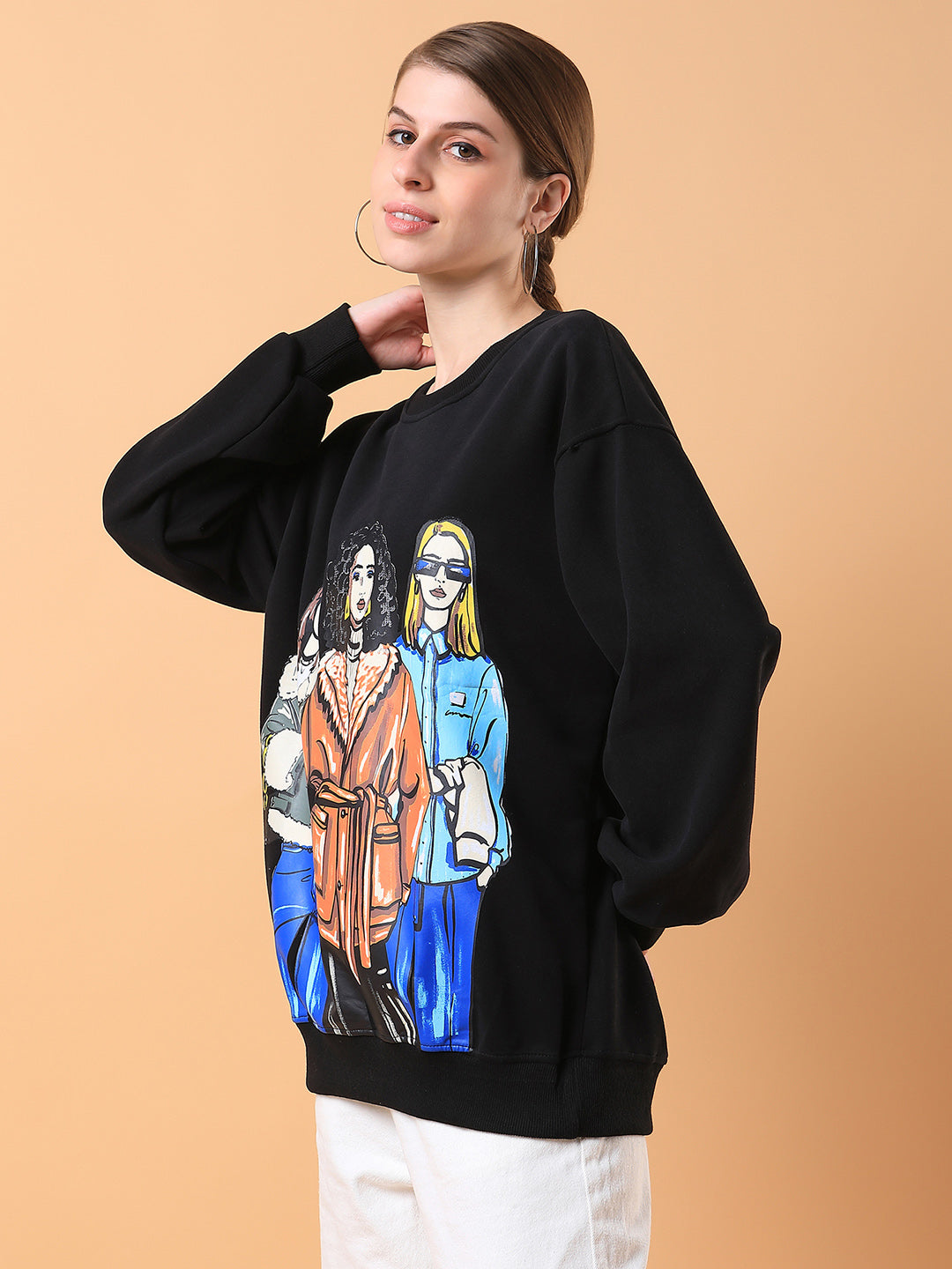 Women Graphic Black Oversized Pullover