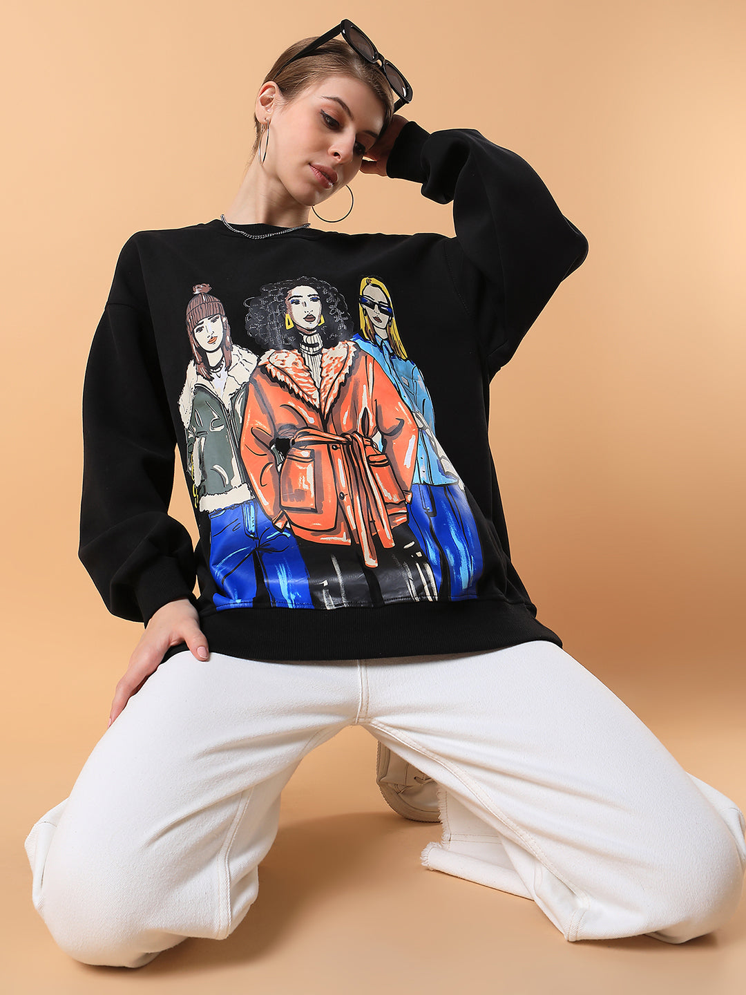 Women Graphic Black Oversized Pullover