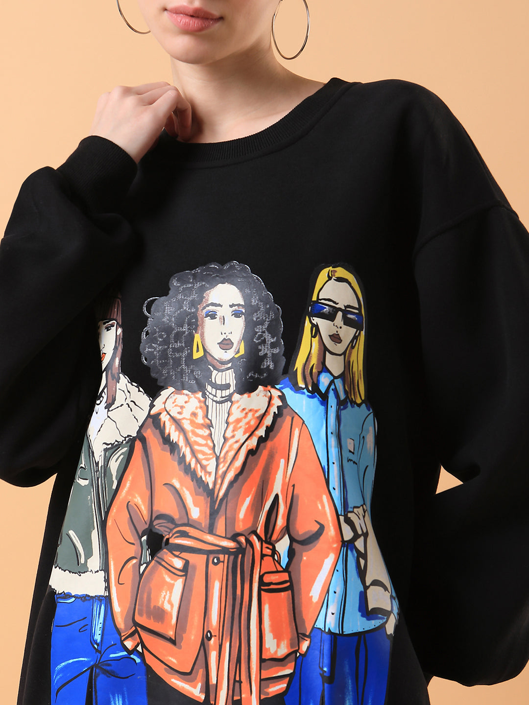 Women Graphic Black Oversized Pullover