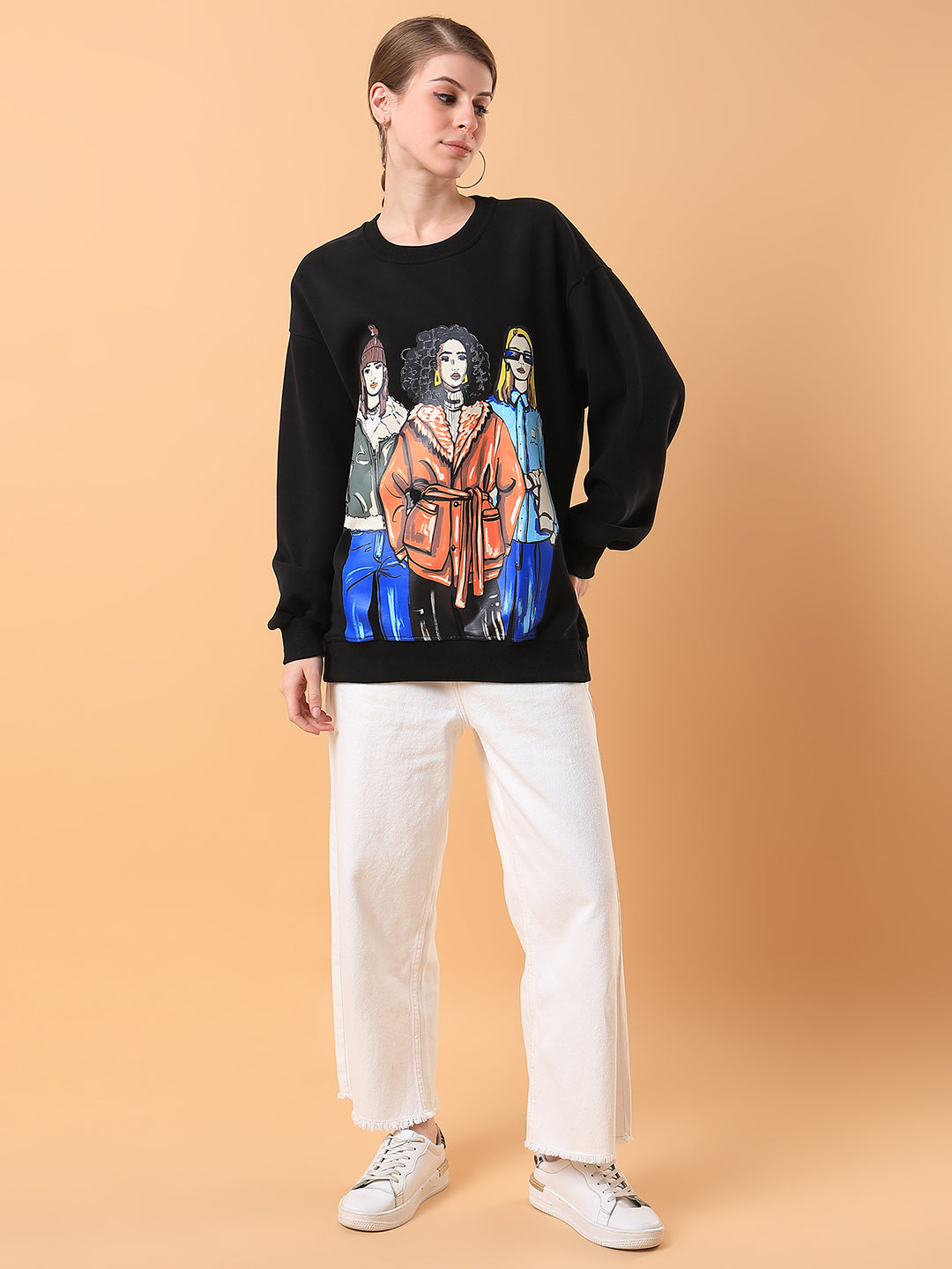 Women Graphic Black Oversized Pullover