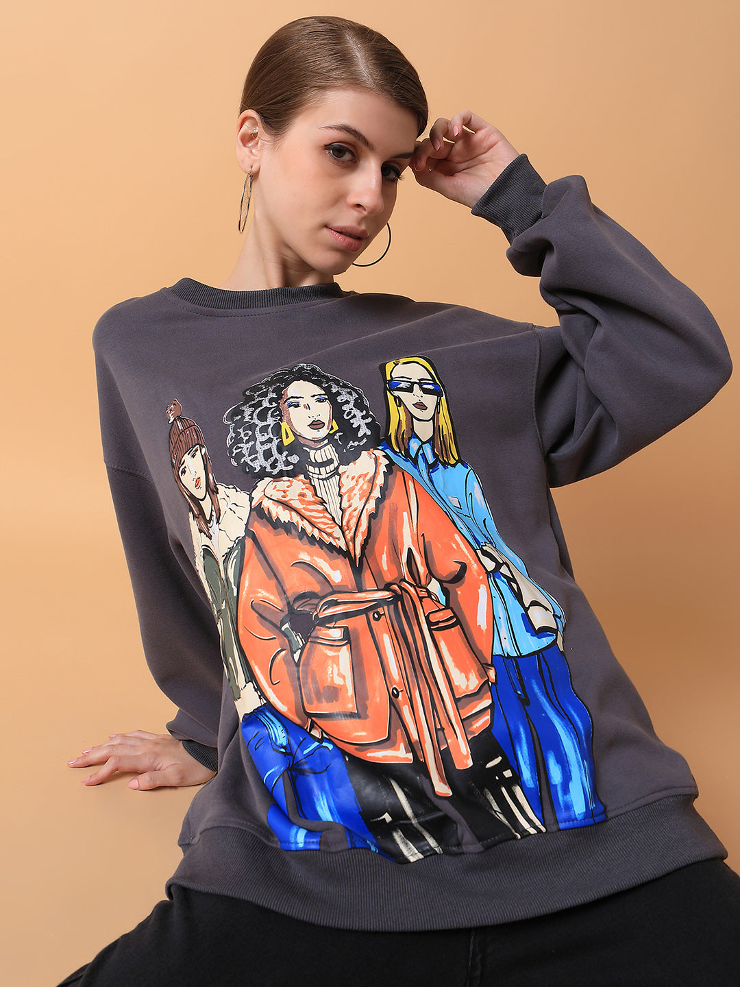 Women Graphic Grey Oversized Pullover