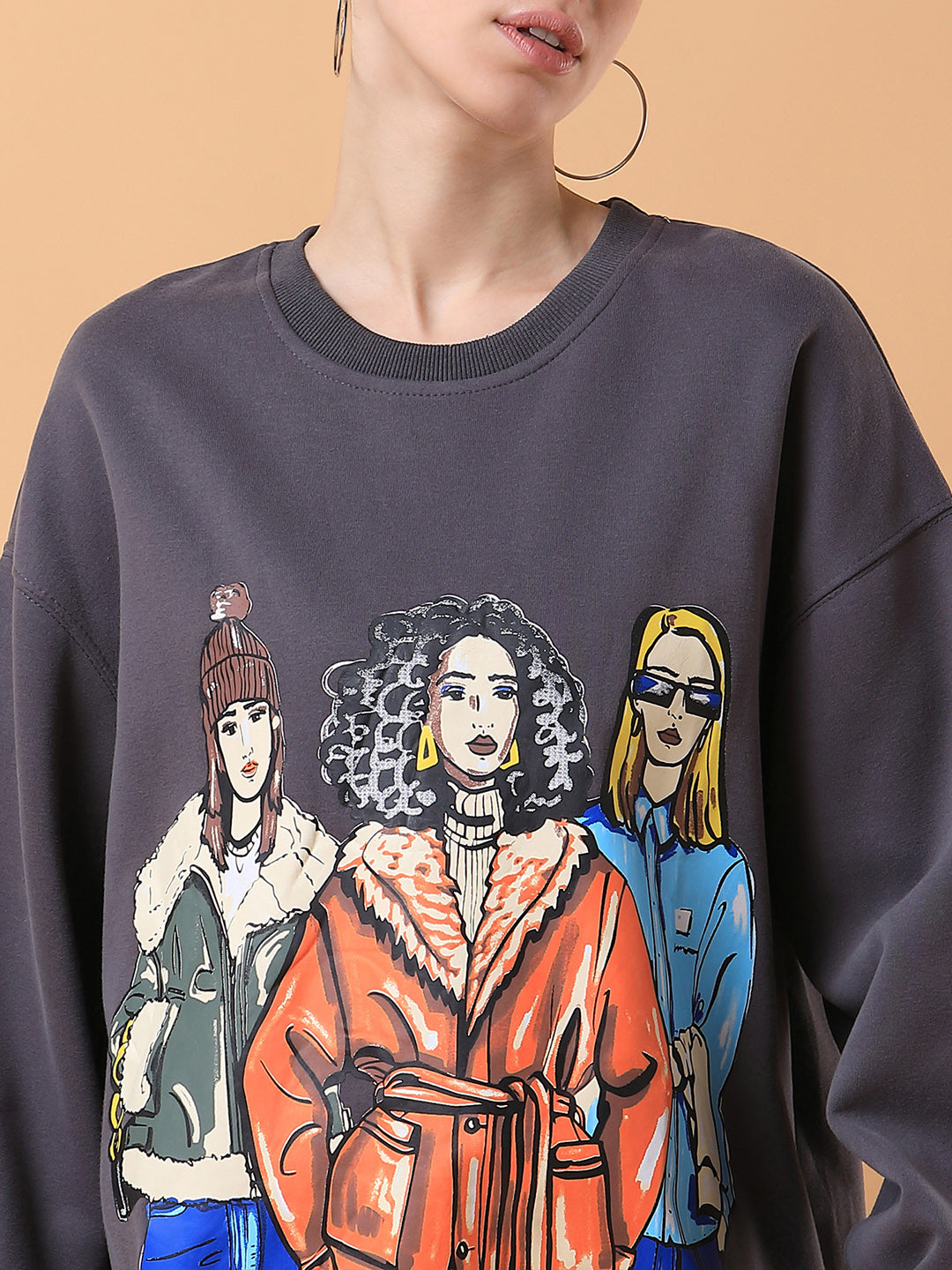 Women Graphic Grey Oversized Pullover