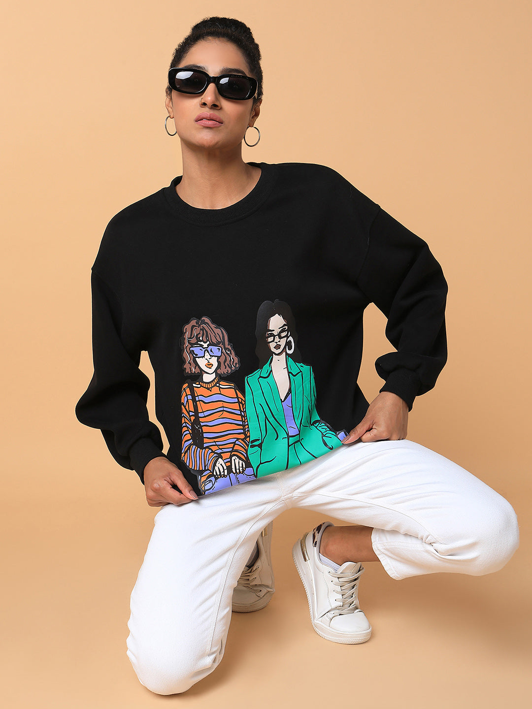 Women Graphic Black Oversized Pullover