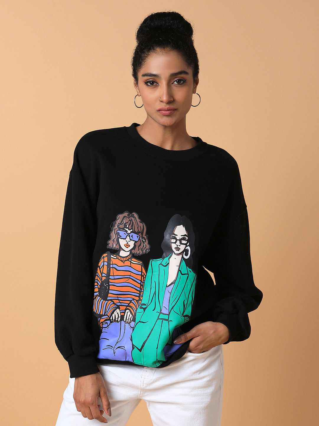 Women Graphic Black Oversized Pullover