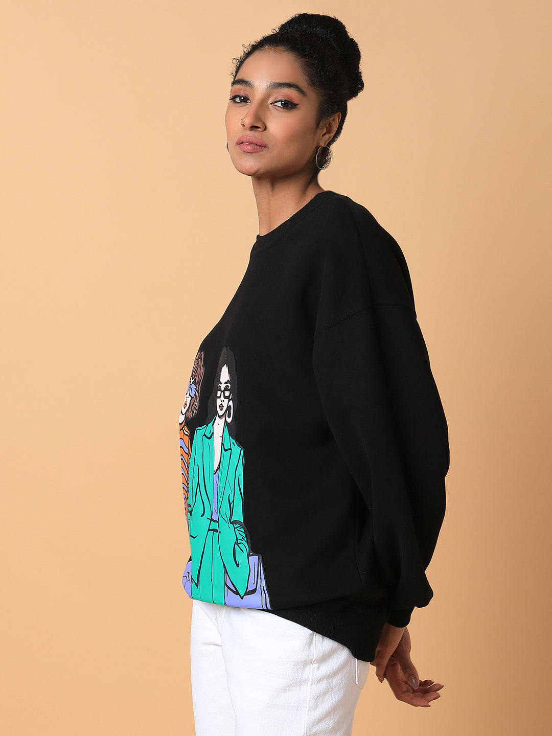 Women Graphic Black Oversized Pullover