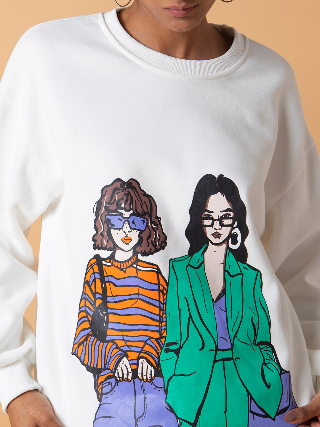 Women Graphic White Oversized Pullover