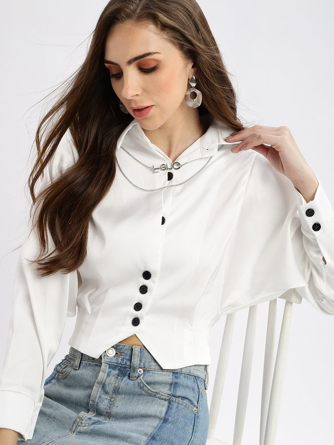 Women Solid White Shirt Style Smocked Top with Neck Chain