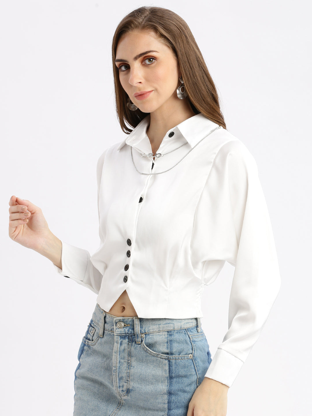 Women's Solid White Shirt Style Smocked Top with Neck Chain