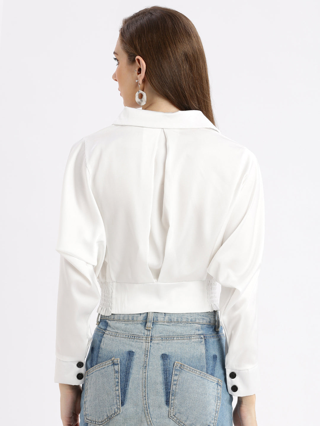 Women's Solid White Shirt Style Smocked Top with Neck Chain