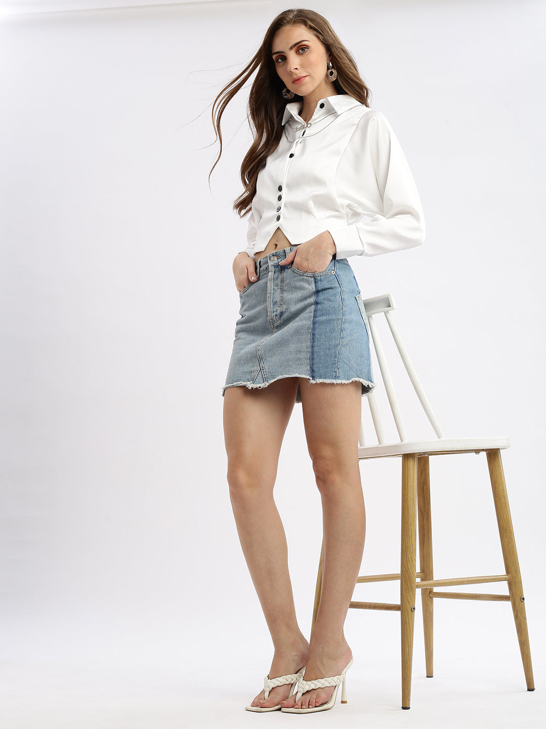 Women's Solid White Shirt Style Smocked Top with Neck Chain