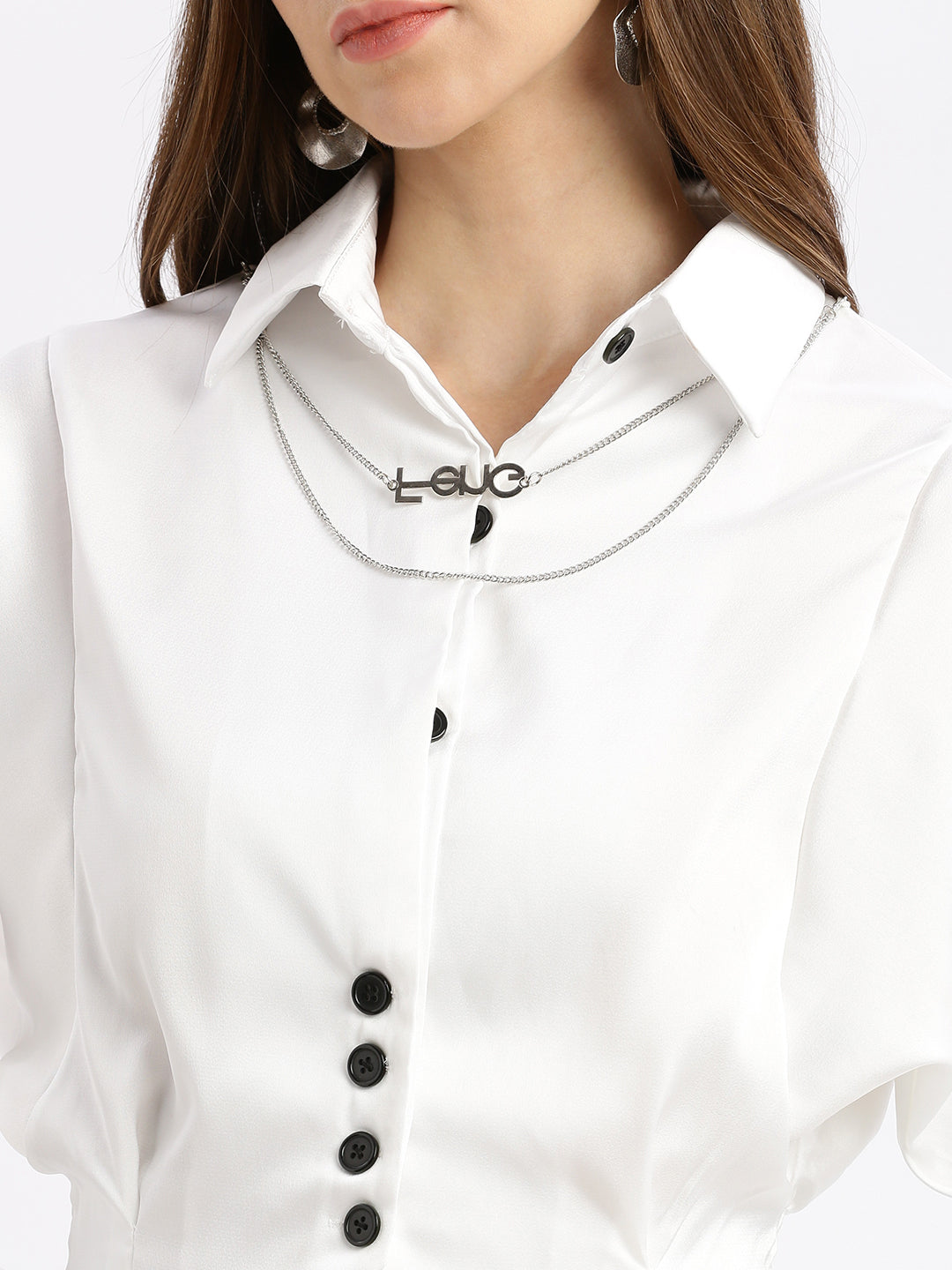 Women's Solid White Shirt Style Smocked Top with Neck Chain