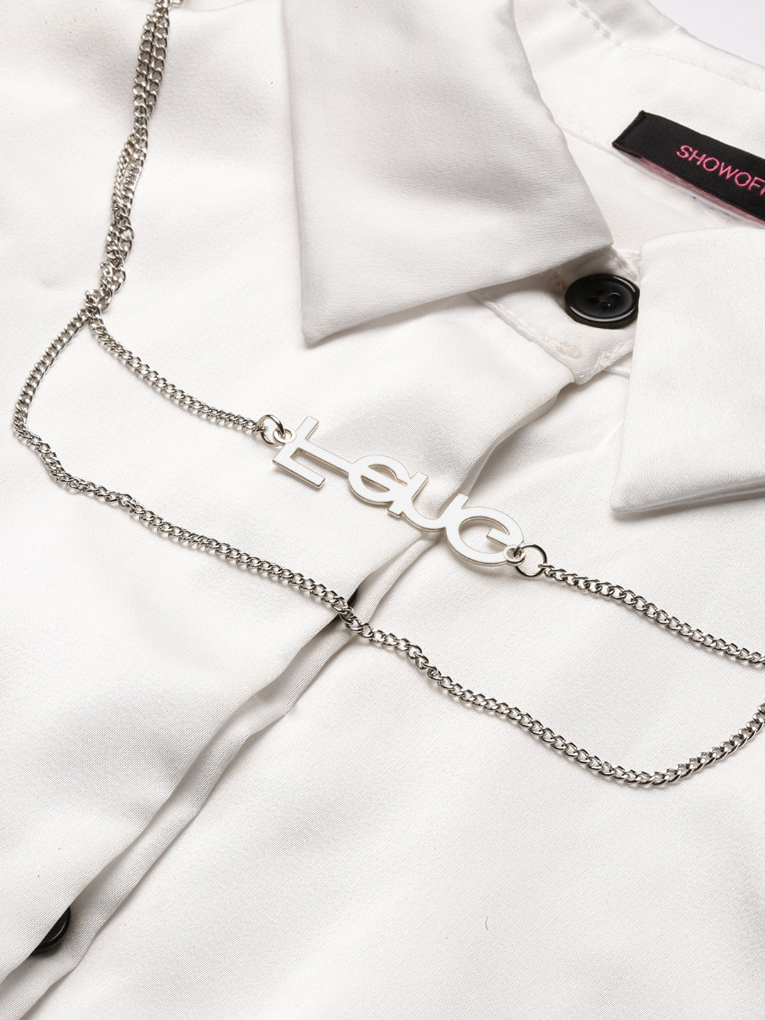 Women's Solid White Shirt Style Smocked Top with Neck Chain