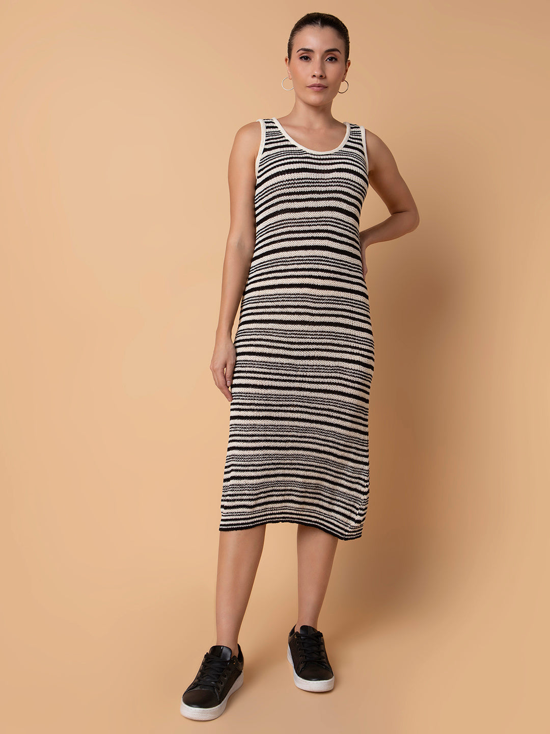 Women Striped Black Midi A-Line Dress