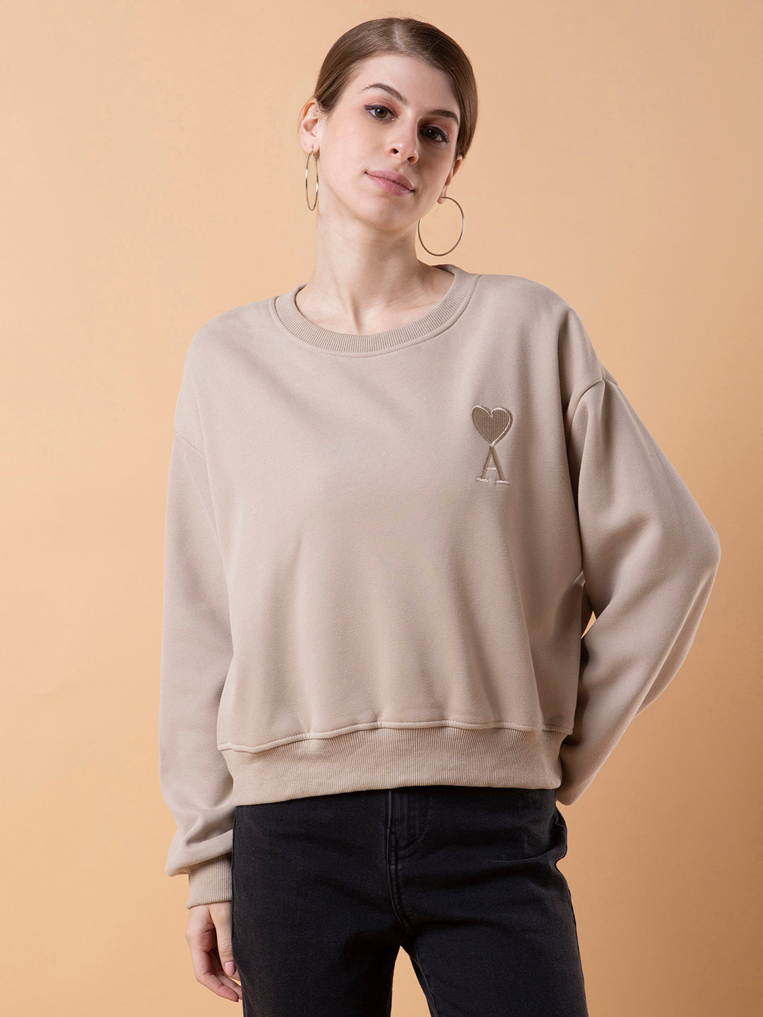 Women Solid Beige Drop Shoulder Pullover