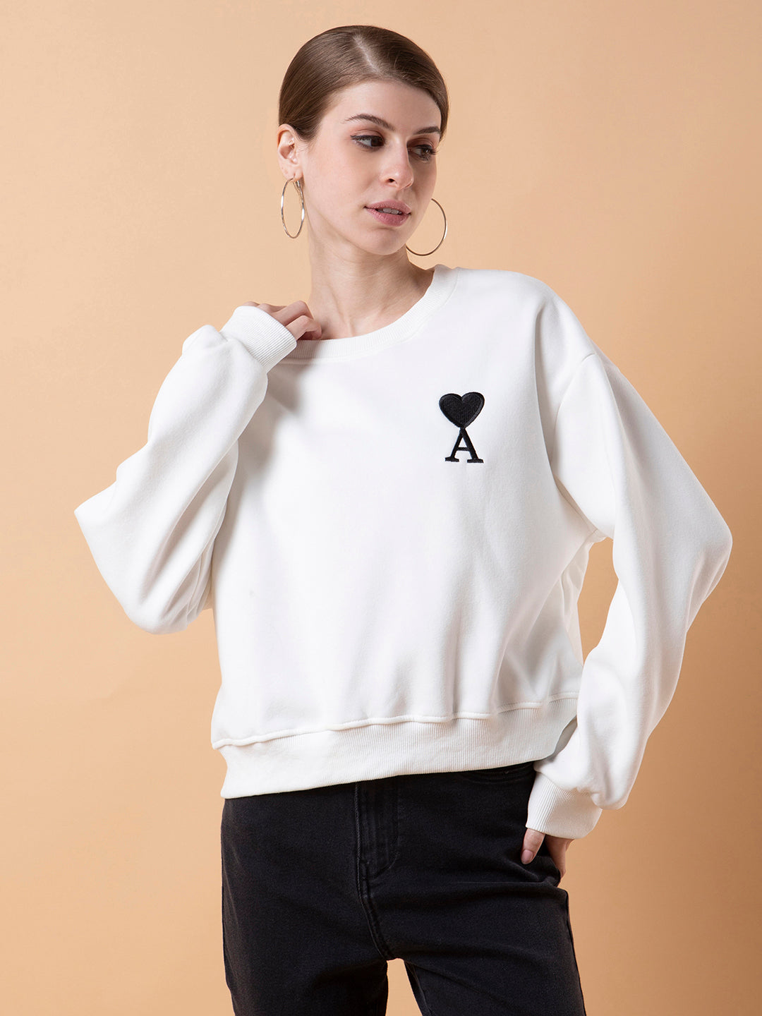 Women Solid White Drop Shoulder Pullover