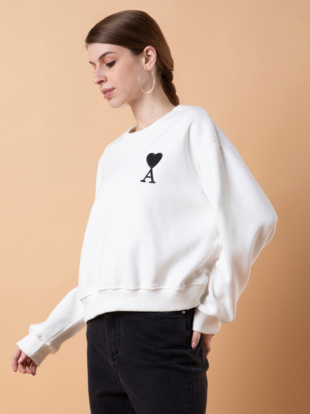 Women Solid White Drop Shoulder Pullover