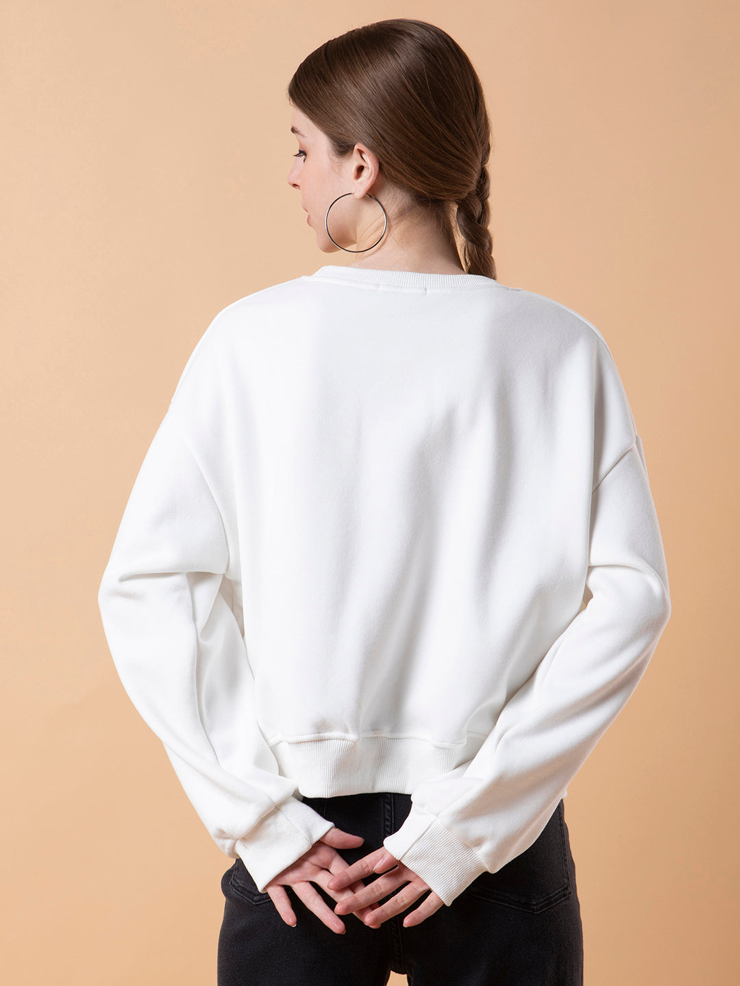 Women Solid White Drop Shoulder Pullover