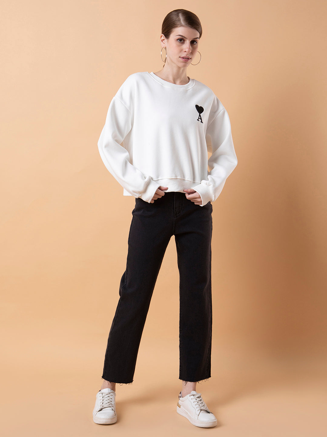 Women Solid White Drop Shoulder Pullover