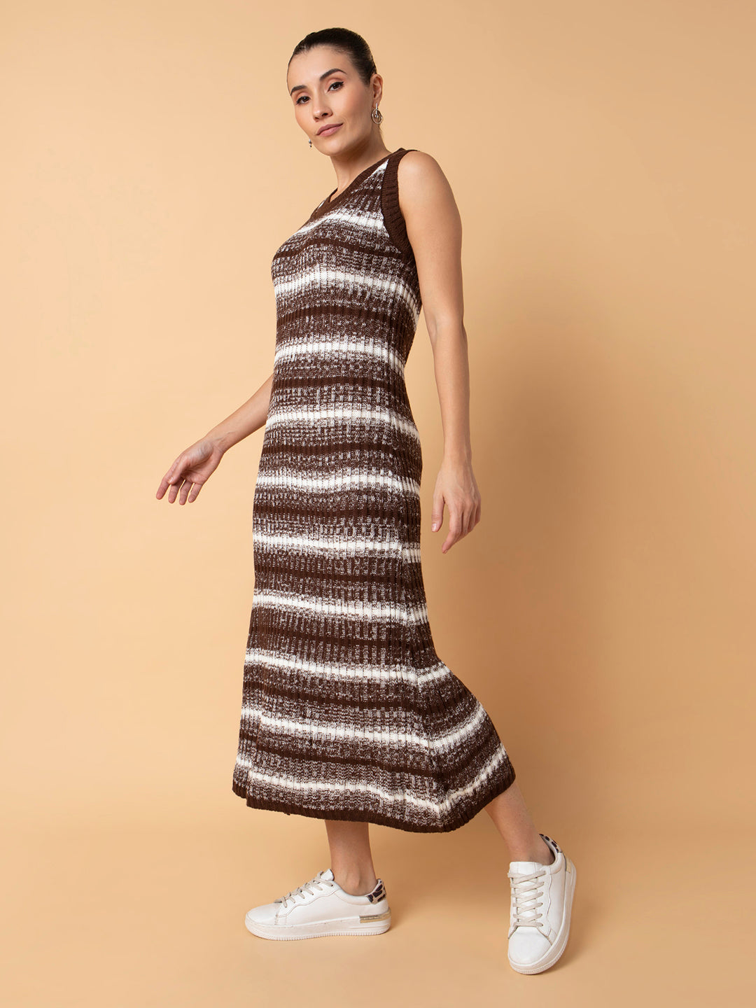 Women Striped Brown Midi A-Line Dress