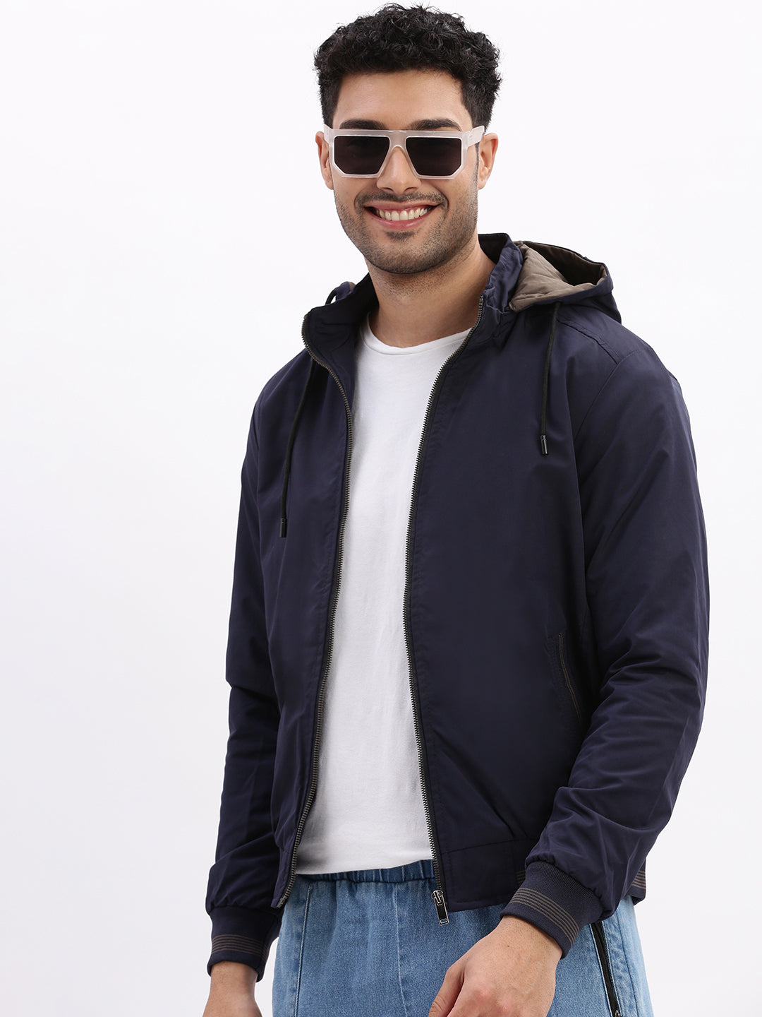 Men Mock Collar Navy Blue Solid Bomber Jacket comes with Detachable Hoodie