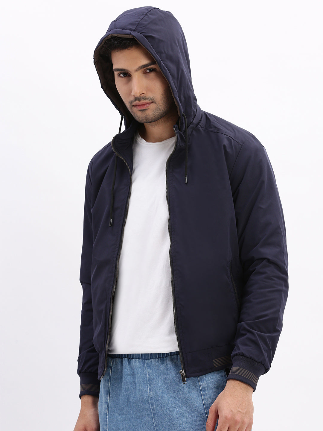 Men Mock Collar Navy Blue Solid Bomber Jacket comes with Detachable Hoodie