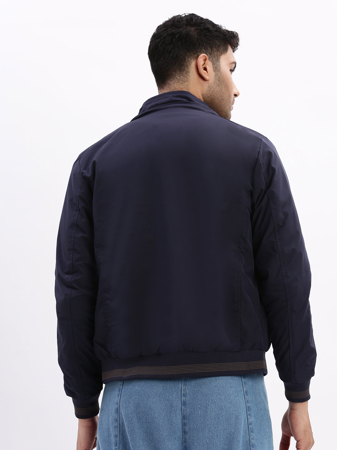 Men Mock Collar Navy Blue Solid Bomber Jacket comes with Detachable Hoodie