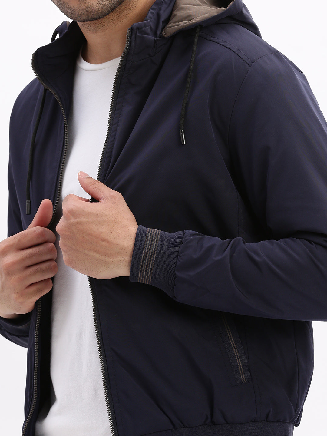 Men Mock Collar Navy Blue Solid Bomber Jacket comes with Detachable Hoodie