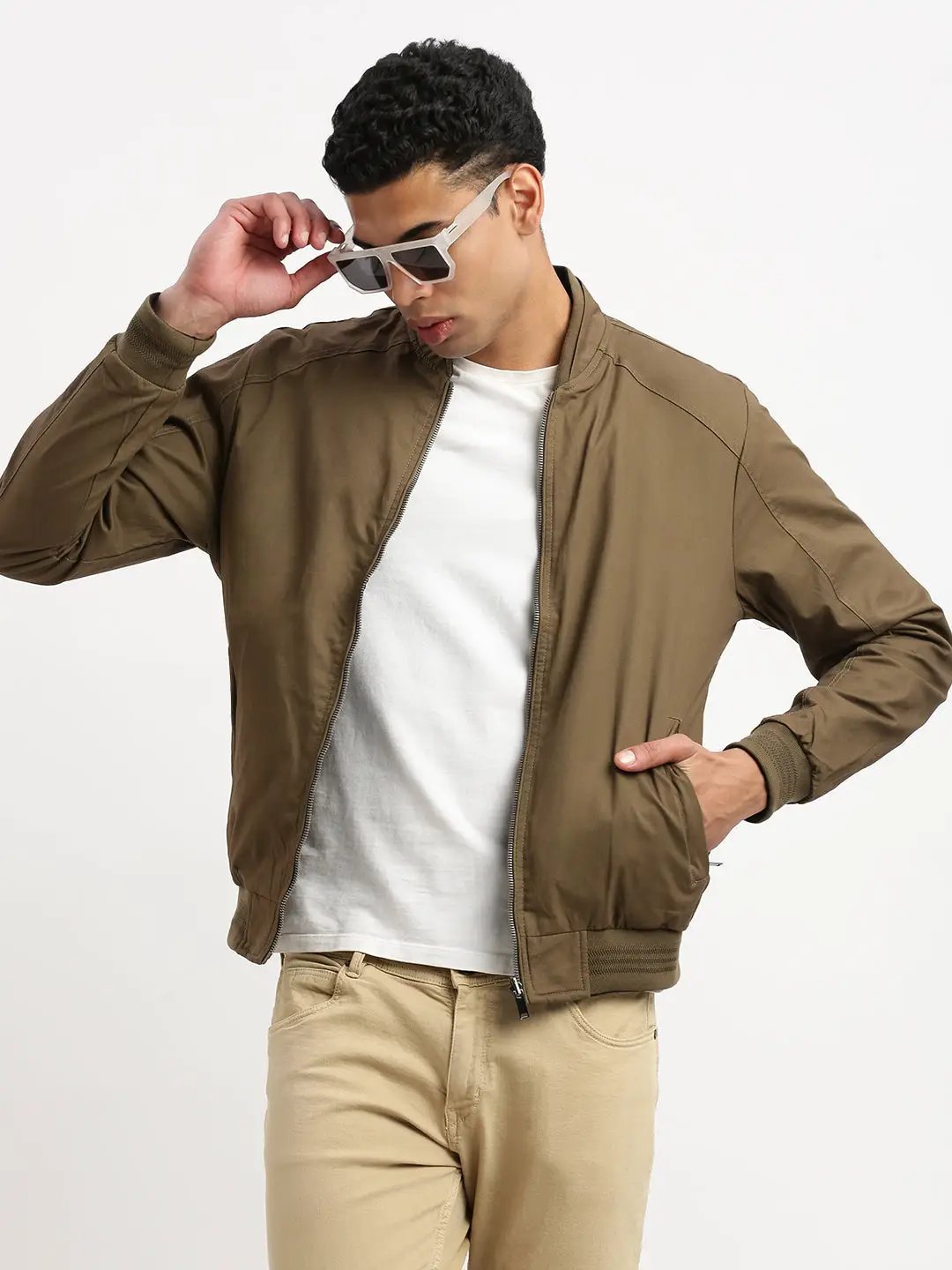 Men's Mandarin Collar Brown Solid Reversible Bomber Jacket