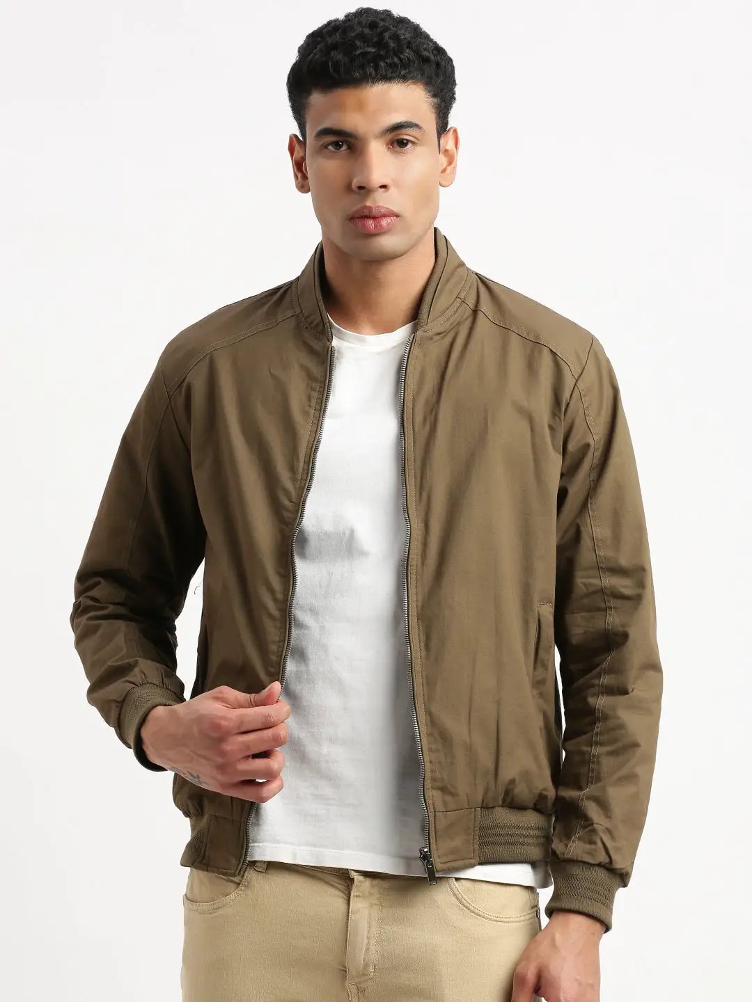 Men's Mandarin Collar Brown Solid Reversible Bomber Jacket