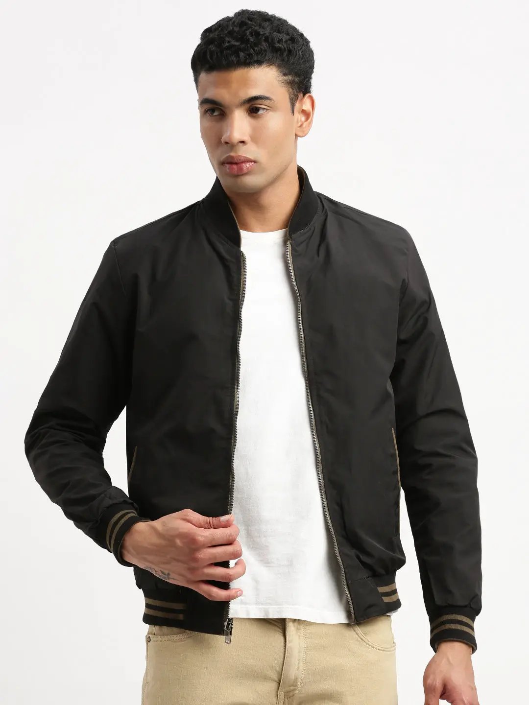 Men's Mandarin Collar Brown Solid Reversible Bomber Jacket