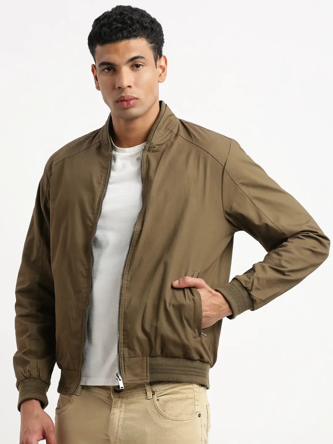 Men's Mandarin Collar Brown Solid Reversible Bomber Jacket