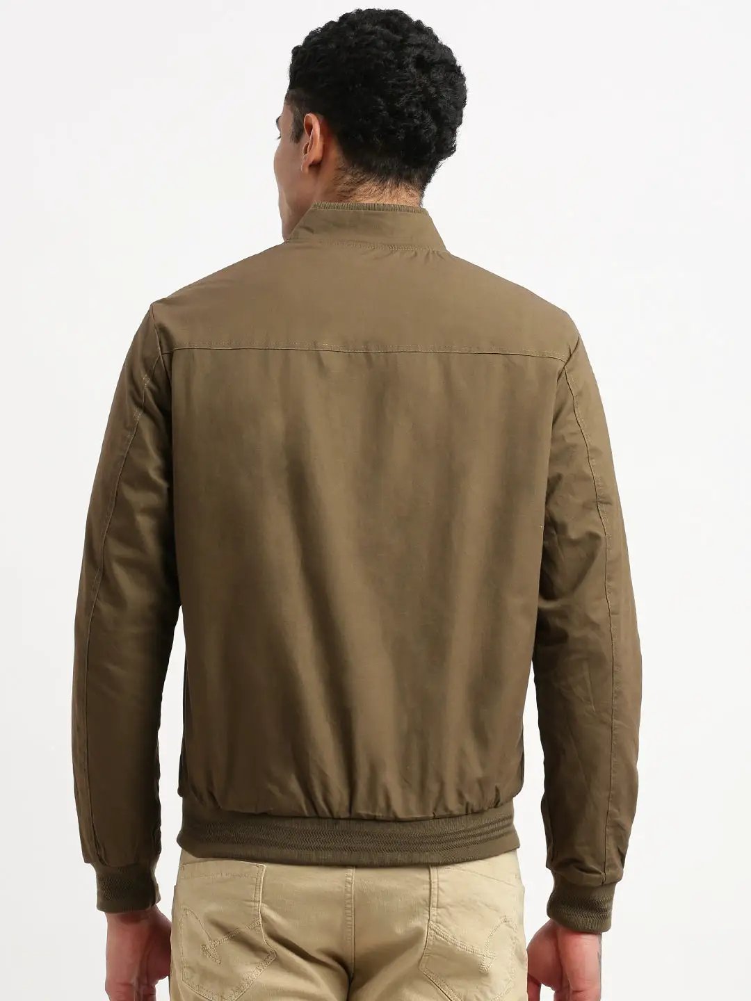 Men's Mandarin Collar Brown Solid Reversible Bomber Jacket