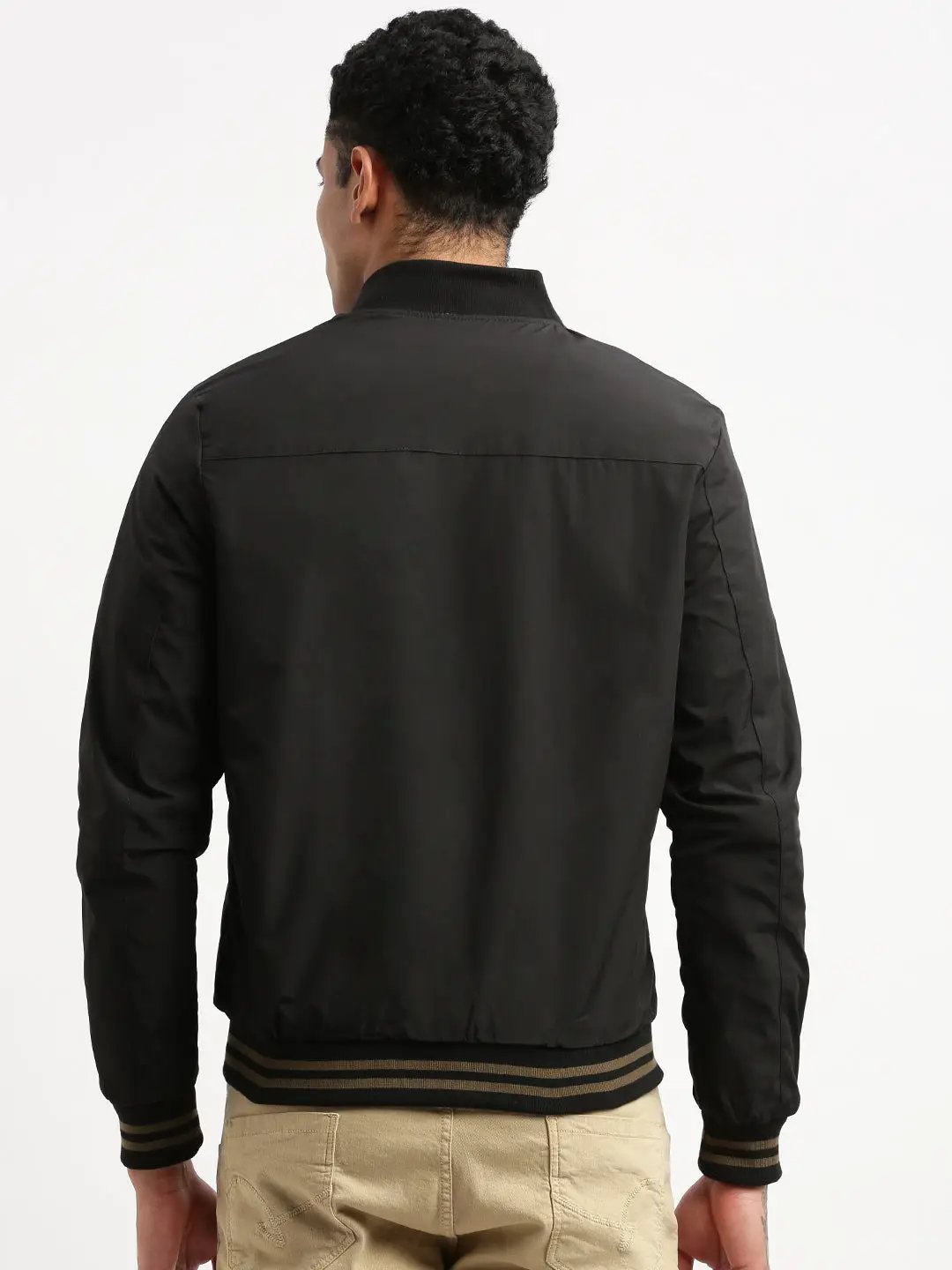 Men's Mandarin Collar Brown Solid Reversible Bomber Jacket