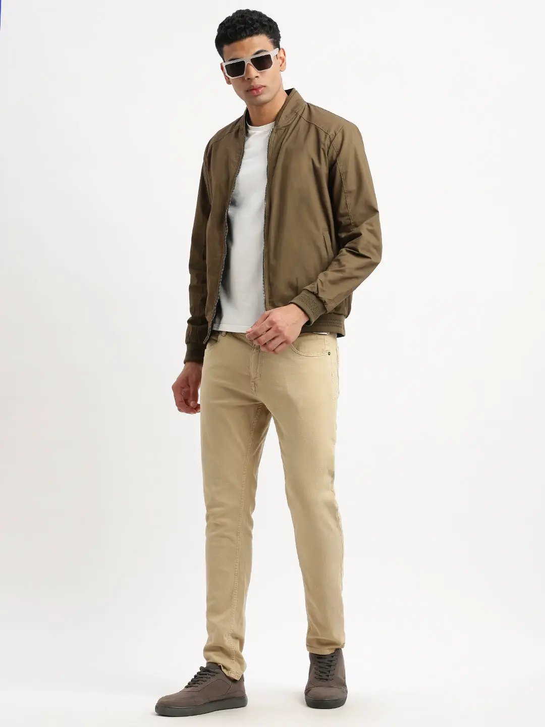 Men's Mandarin Collar Brown Solid Reversible Bomber Jacket