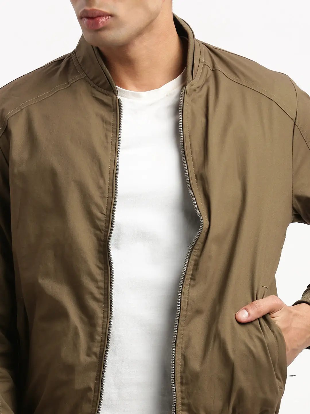 Men's Mandarin Collar Brown Solid Reversible Bomber Jacket