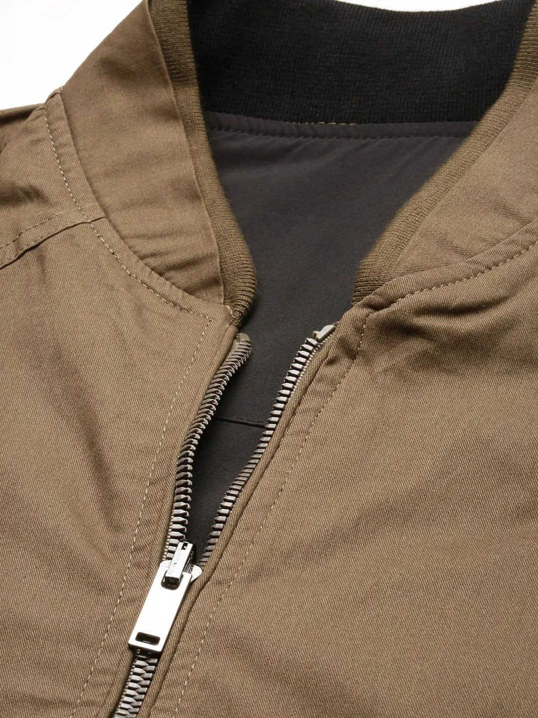 Men's Mandarin Collar Brown Solid Reversible Bomber Jacket