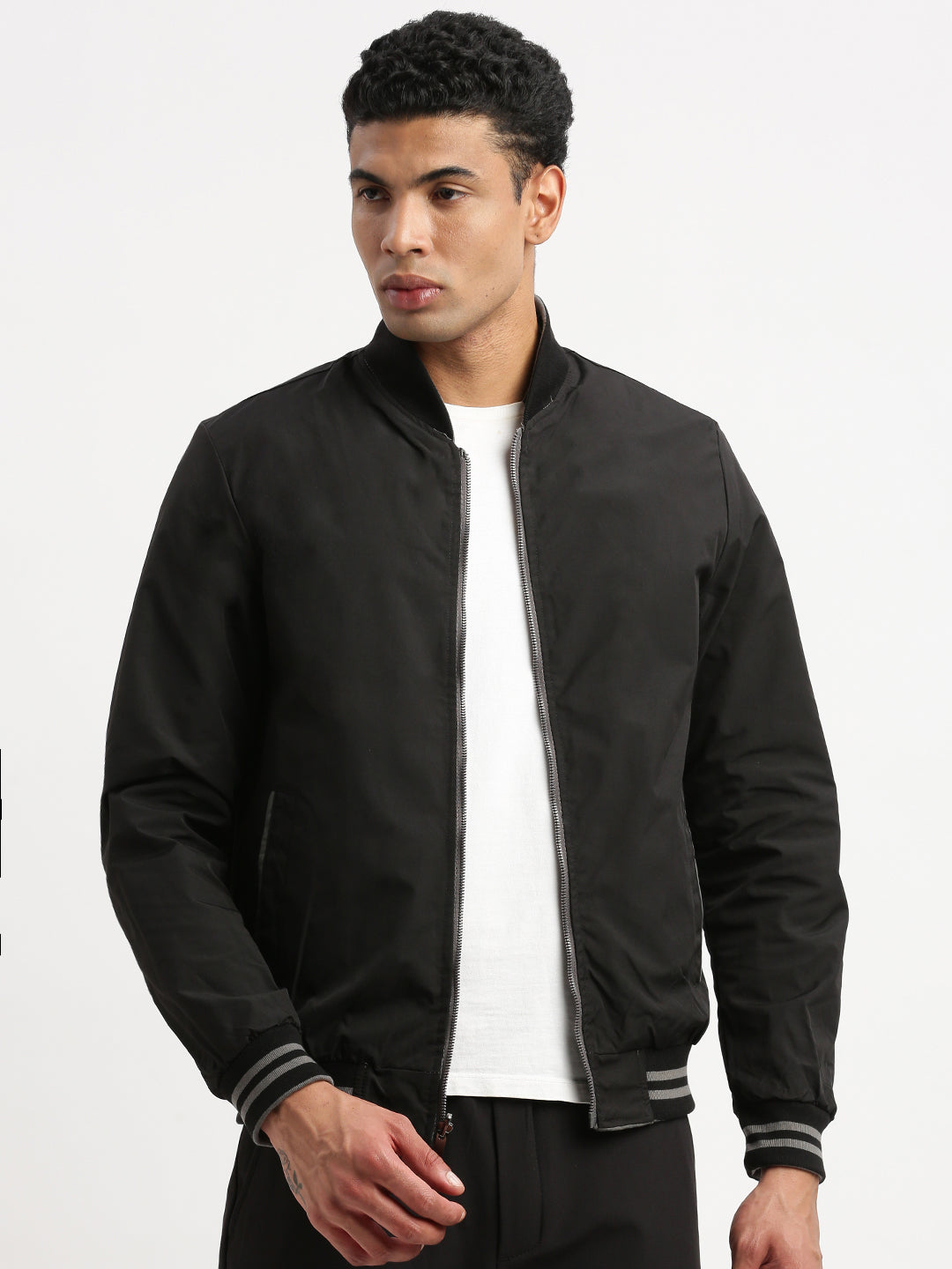 Men's Mandarin Collar Grey Solid Reversible Bomber Jacket