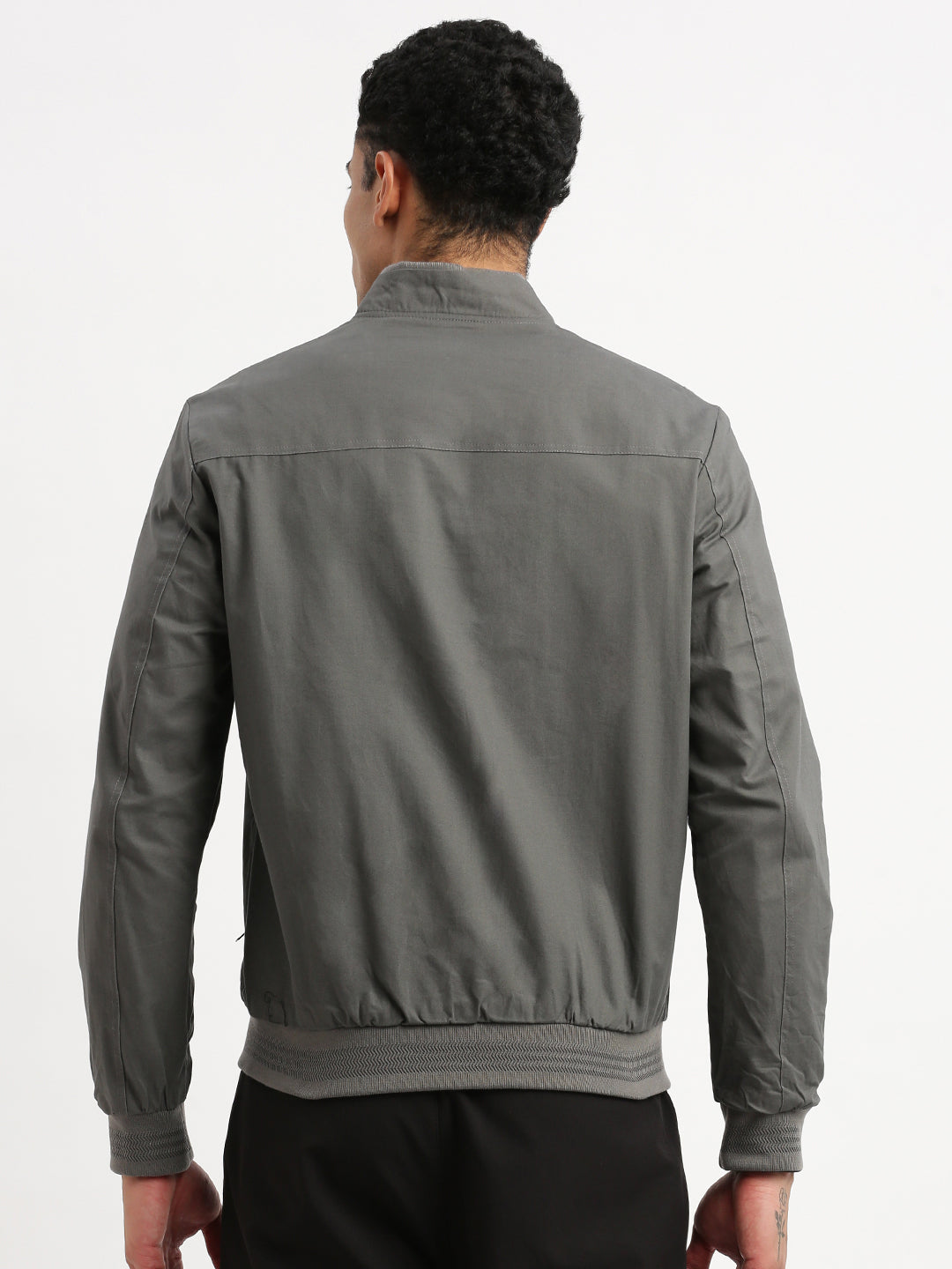 Men's Mandarin Collar Grey Solid Reversible Bomber Jacket